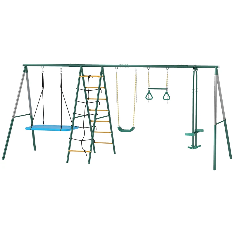 AIYAPLAY Estrutura de baloiço 5-em-1 com baloiço-ninho ajustável argolas de ginástica banco duplo estrutura de escalada para 3-8 anos 440x175x203 cm