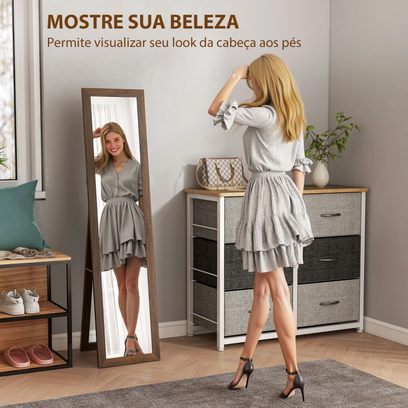 HOMCOM Espelho de Pé 37x155 cm Espelho de Corpo Inteiro Espelho de Parede Retangular com Estrutura de Madeira Cor Nogueira