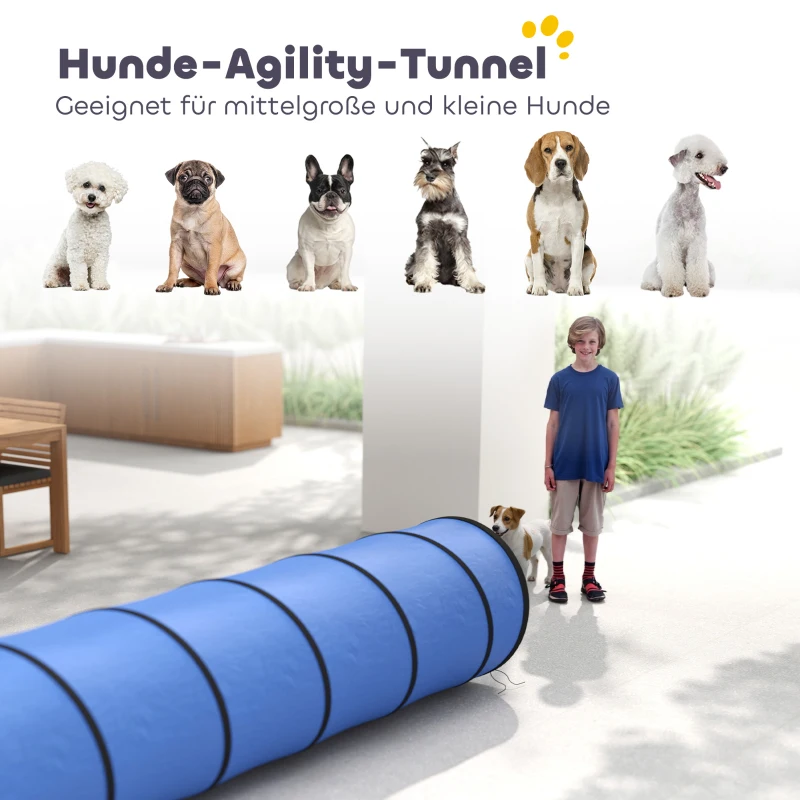 PawHut Hond Agility Tunnel 300 x 50 cm hondentunnel met 4 grondankers draagtas speeltunnel voor kleine middelgrote honden Blauw