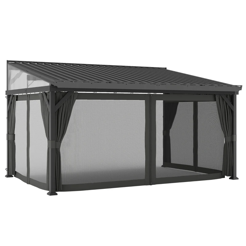 Outsunny 4.3 x 3 m Garden Pergola with Galvanised Steel Roof, Lean to Pergola Gazebo with Netting Curtains, Dark Grey
