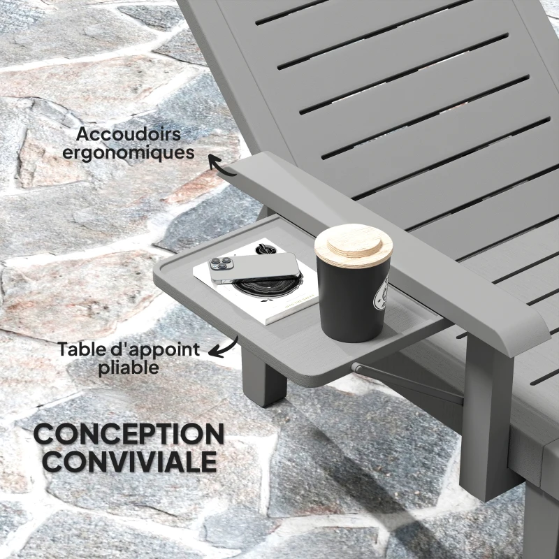 Outsunny Lot de 2 bains de soleil, chaise longue avec dossier inclinable et tablettes pliables, 79x158x88cm, gris foncé