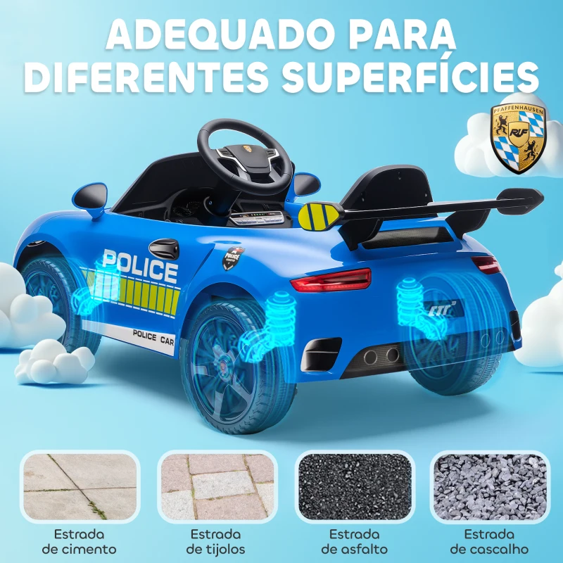 AIYAPLAY Carro Elétrico para Crianças de Polícia  12V com Motor Duplo Sirene Música Sem Fios Buzina Rodas Auxiliares e Faróis LED 105x58x49 cm Azul