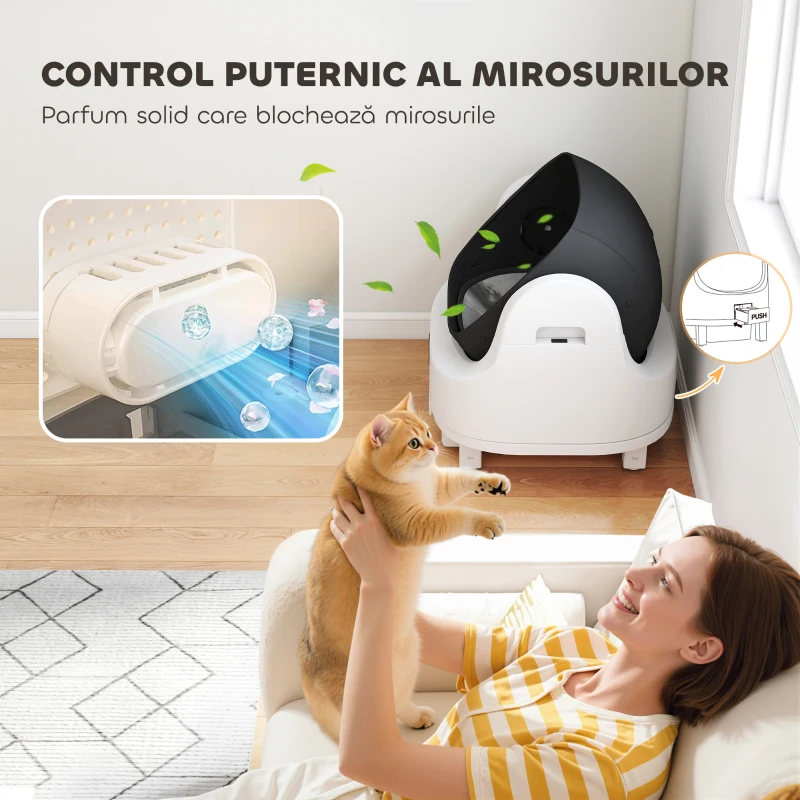 PawHut Ladă de Gunoi Autopropulsată pentru Pisici, Ladă Automată pentru Mai Multe Pisici, Design Deschis cu Senzori de Siguranță, Deodorant, Recipient Gunoi 8L, Saci de Gunoi, Silențioasă, pentru Pisici 1-5 kg