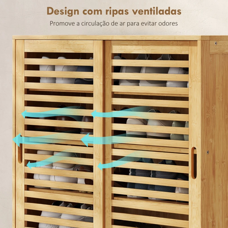 HOMCOM Sapateira de Bambu com 2 Portas de Correr de Ripas Sapateira de Entrada com Prateleiras Ajustáveis para 16 Pares de Sapatos 80x35x80 cm Madeira
