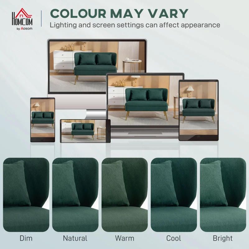 HOMCOM 2 Seater Sofa, Linen-look Fabric Small Sofa with Wing Back, Thick Seat, Metal Legs, Dark Green
