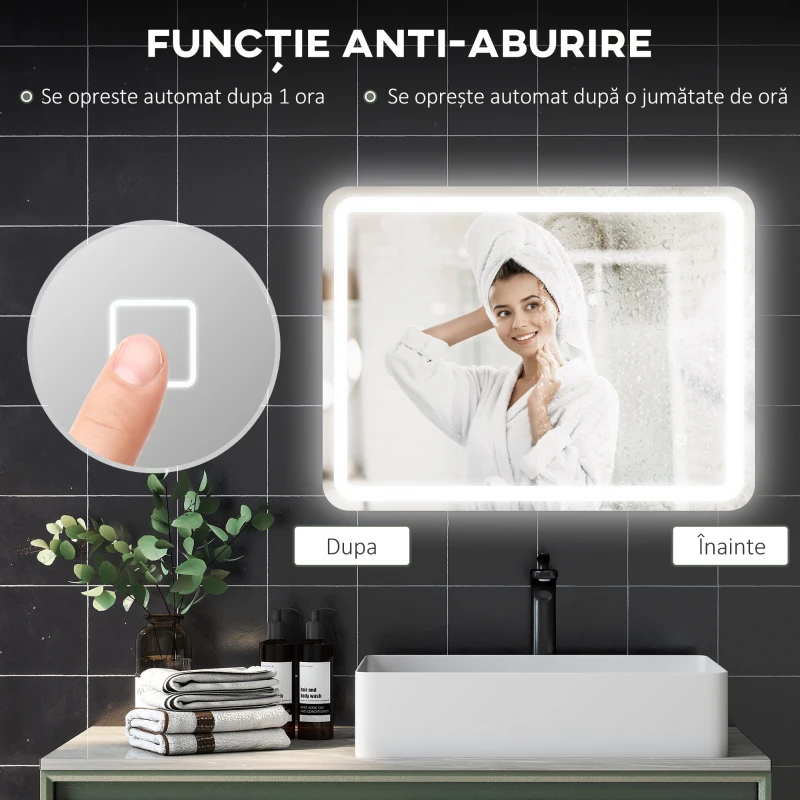 HOMCOM Oglindă de Baie Touch cu Lumină LED 3 Temperaturi Antiaburire 60x80 cm