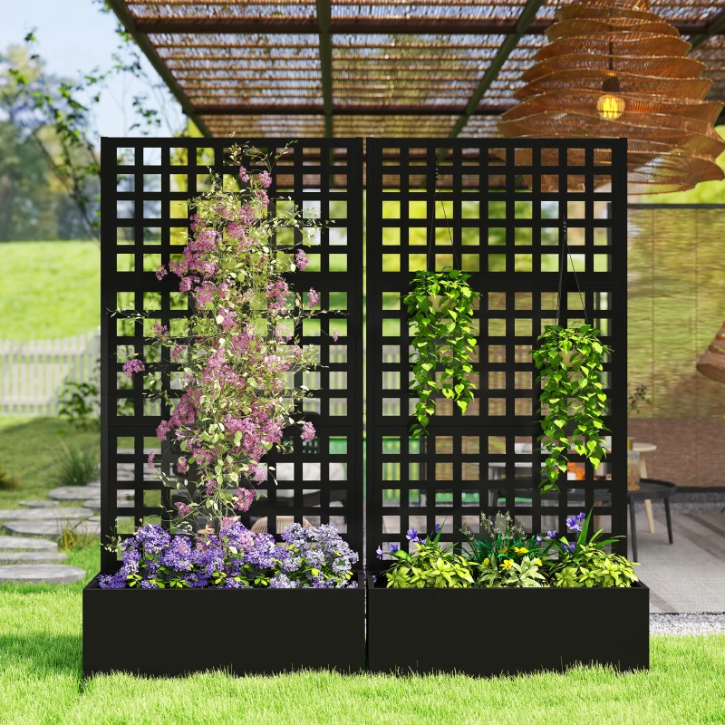 Outsunny Jardinière avec treillis, brise-vue, lit surélevé de jardin acier galvanisée, pour plantes grimpantes, 89x40x178cm, noir