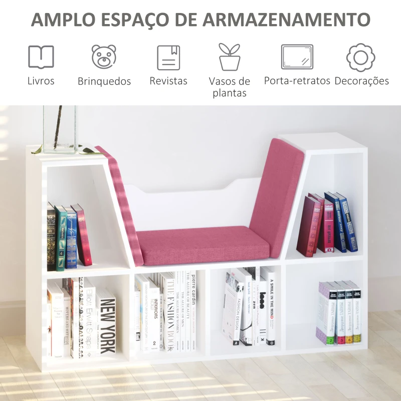 HOMCOM Estante Infantil com Assento Estante com 6 Cubos e Banco com Almofada 102x30x61cm Branco e Rosa