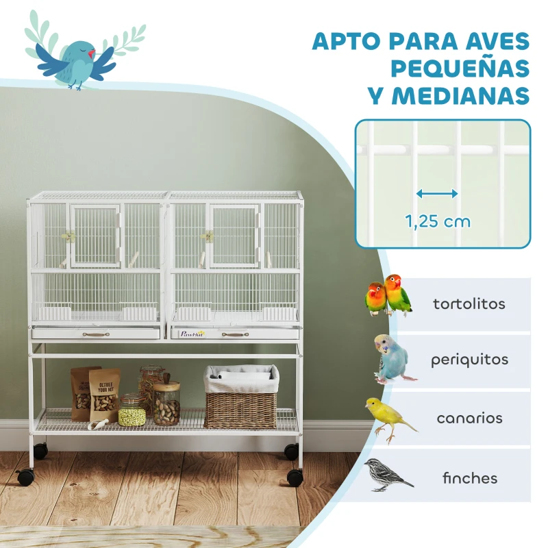 PawHut Jaula para Pájaros Grande con Divisor Ruedas 4 Comederos 4 Perchas Estante 2 Bandejas Extraíbles 95x45,5x102 cm Blanco