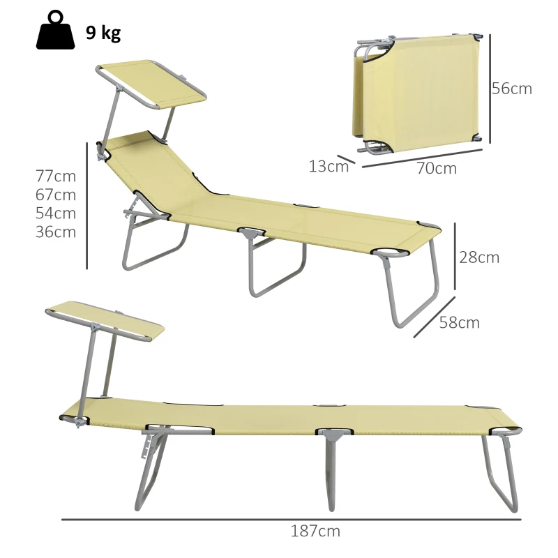 Outsunny Conjunto de 2 Espreguiçadeiras Dobráveis para Jardim com Toldo e Encosto Regulável Espreguiçadeiras de Jardim em Tecido Oxford e Metal para Praia Piscina 187x58x36 cm Bege