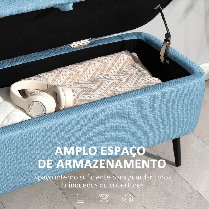 HOMCOM Banco de Armazenamento Estofado em Linho com Tampa Abatível e Pés de Aço Carga Máxima 150kg 101x38,5x44,5 cm Azul Claro