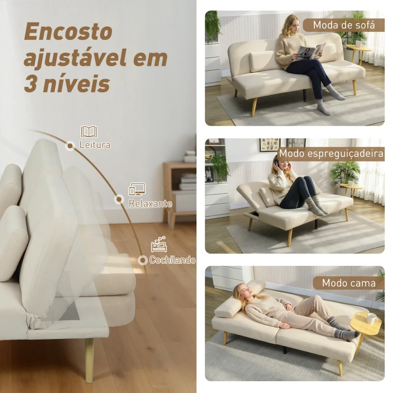HOMCOM Sofá Cama de 3 Lugares com Mesa Auxiliar 3 em 1 com Encosto Ajustável Abertura Click-Clack 196x86x81 cm Bege