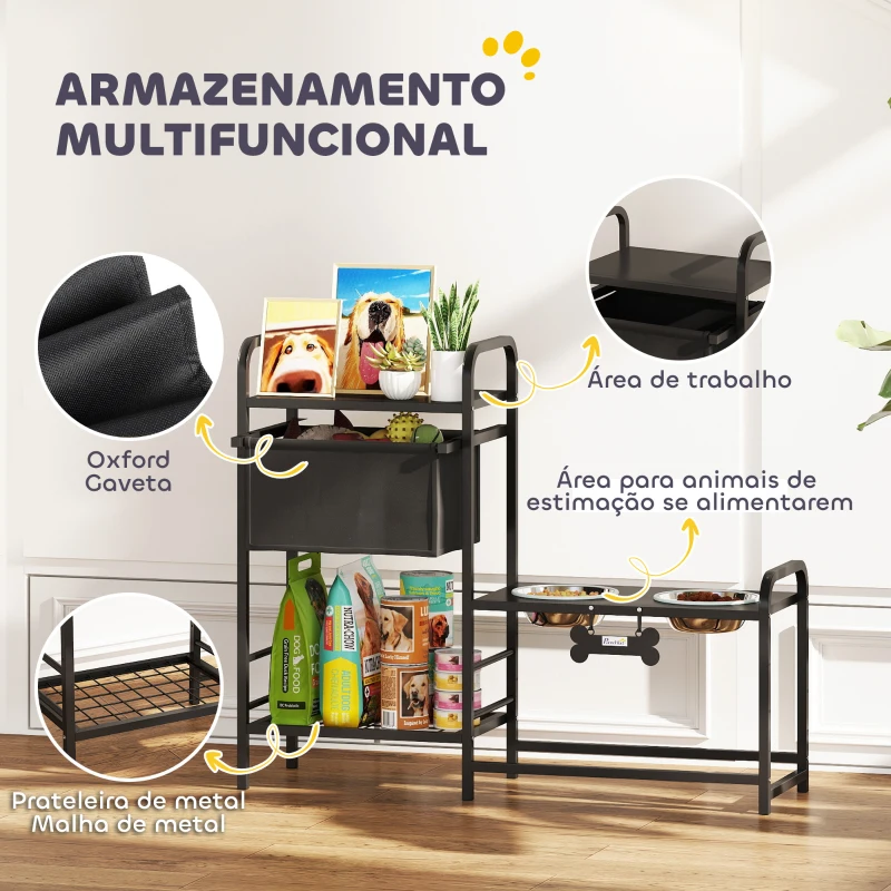 PawHut Comedouro Elevado para Cães com Gaveta em Tecido 2 Taças de Aço Inoxidável 2x800 ml Altura Ajustável 2 Prateleiras 89,5x27x74 cm Preto