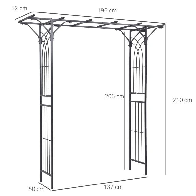 Outsunny 210cm Decorative Metal Garden Trellis Arch with Durable Steel Tubing & Elegant Scrollwork, Great for Weddings, Dark Gre