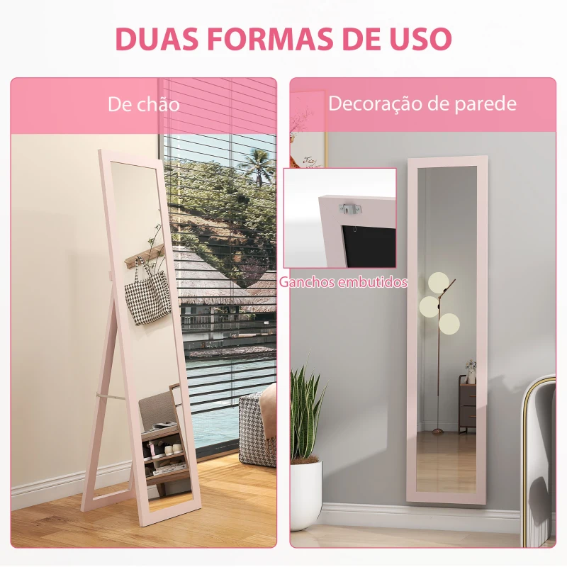 HOMCOM Espelho de Pé 37x155 cm Espelho de Corpo Inteiro Espelho de Parede Retangular com Estrutura de Madeira Rosa Claro