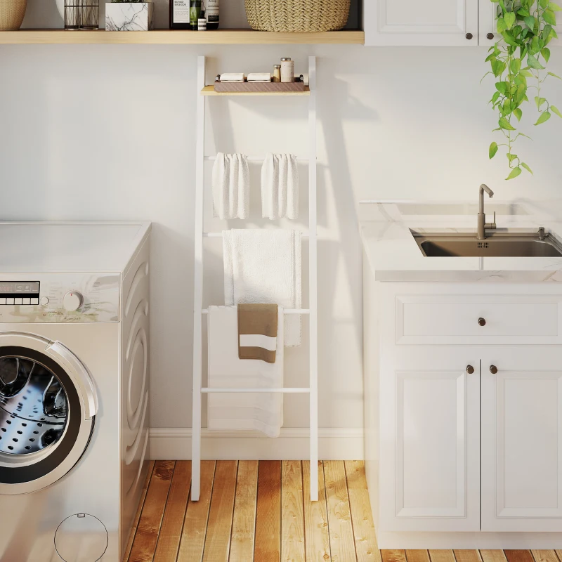 HOMCOM Toalheiro de Escada com Prateleira Superior e 4 Barras Suporte de Toalhas para Encostar na Parede  43x20x151 cm Branco e Carvalho