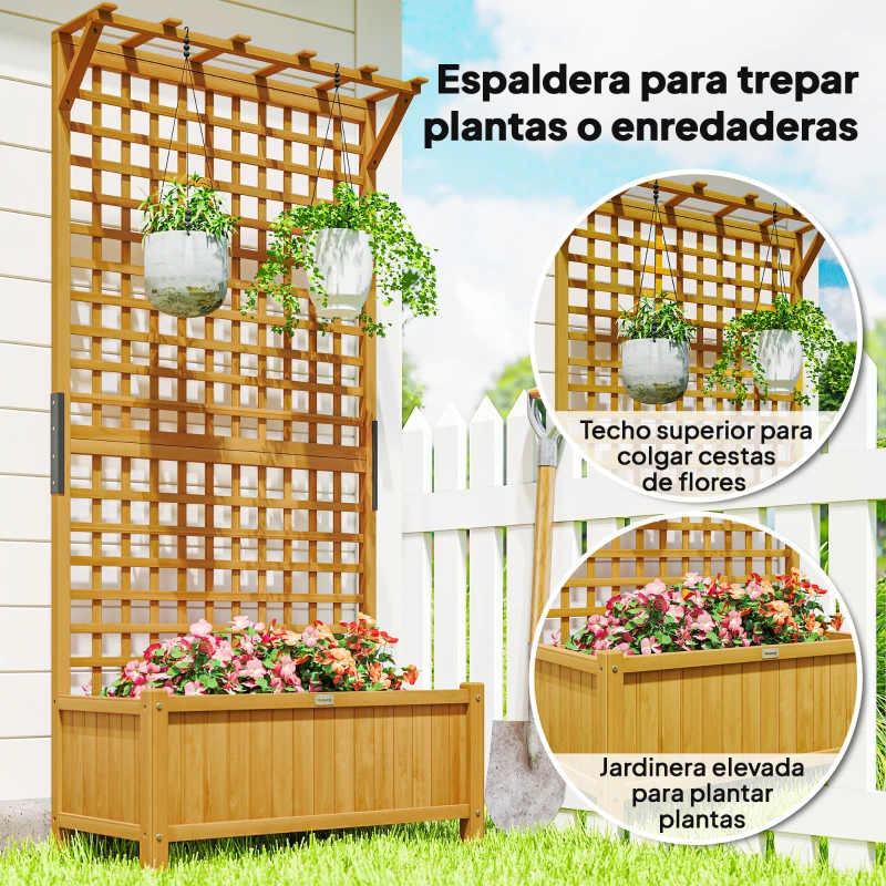 Outsunny Jardinera con Celosía de Madera para Enredaderas Cultivo de Plantas para Patio Terraza 90x45x183 cm Natural