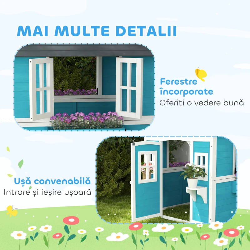 Outsunny Căsuță de Joacă din Lemn cu Uși, Ferestre, Ghivece și Jardiniere pentru Copii 3-8 Ani, Maro Închis