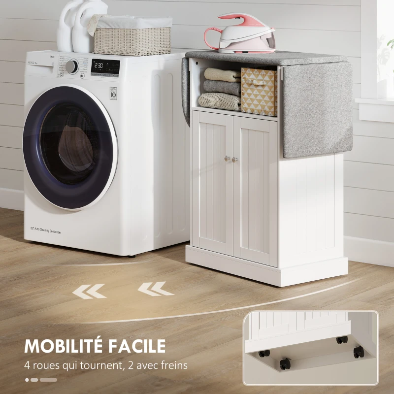 HOMCOM Armoire à repasser sur roulettes, table à repasser avec plateau repassable et pliable, 131 x 37 x 89,5 cm, blanc
