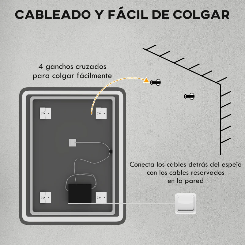 HOMCOM Espejo de Baño con Luces LED 70x90 cm 3 Colores de Luz Brillo Regulable Función Antivaho Función de Memoria IP44