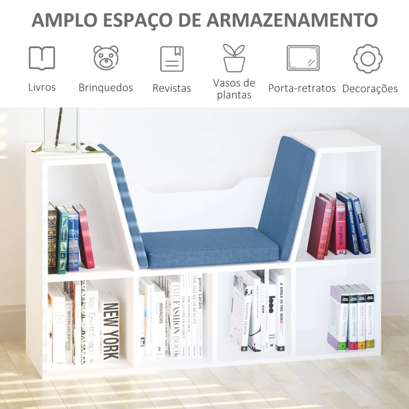 HOMCOM Estante para Livros com Banco Integrado e 6 Cubos Estante Infantil com Assento 102x30x61 cm Branco e Azul