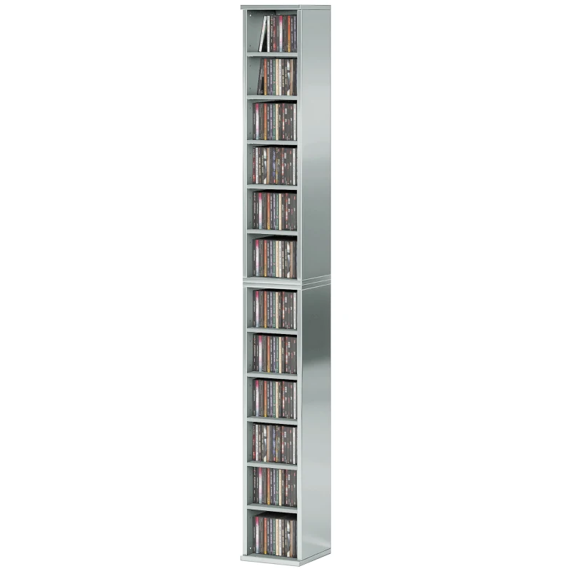 HOMCOM Set of 2 CD Media Display Shelf Unit Tower Rack with Adjustable Shelves, High Gloss Grey