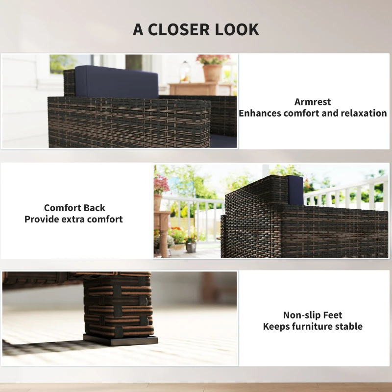 Outsunny PE Rattan Garden Armchair with Cushion - Mixed Brown/Navy Blue