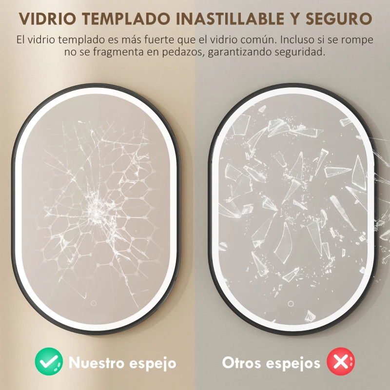 HOMCOM Espejo de Baño con Luz 60x90 cm Espejo de Pared Ovalado 3 Colores de Luz Brillo Regulable Función Antivaho Negro