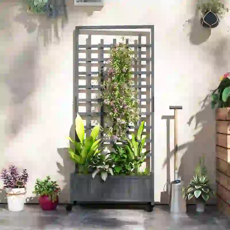 Outsunny Wooden Trellis Planter, Raised Garden Bed with Wheels, to Climb and Grow Vegetables, Herbs and Flowers, Grey