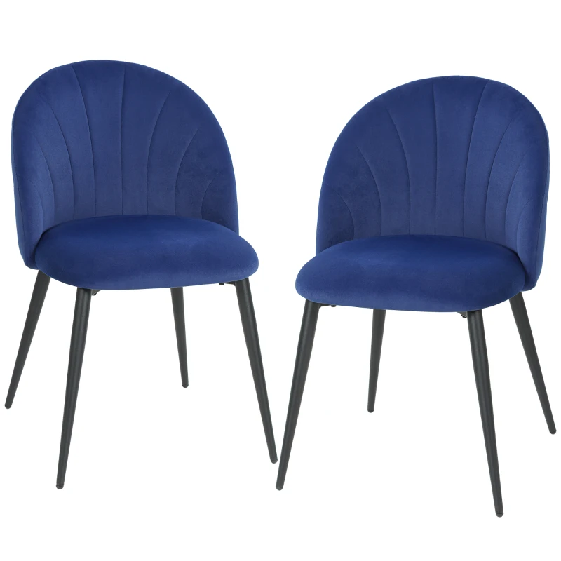 HOMCOM Set di 2 Sedie Sala da Pranzo in Velluto, con Schienale Curvo a Conchiglia, Gambe in Acciaio, Stile Nordico, Blu