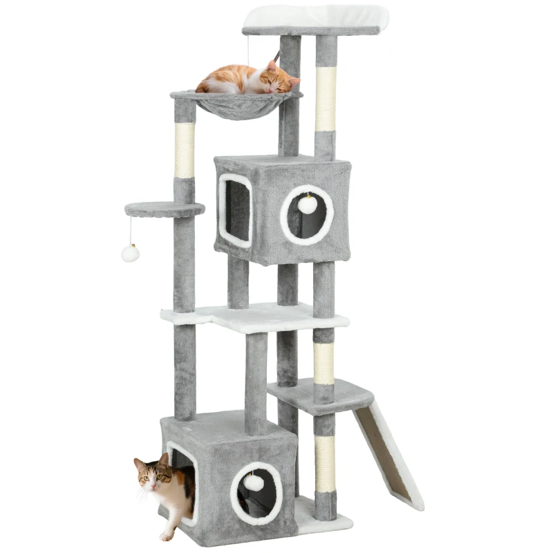 PawHut Arbre à chat tour de jeux pour chats centre d'activités 2 niches plateformes hamac échelle et 4 pompons 165 cm gris