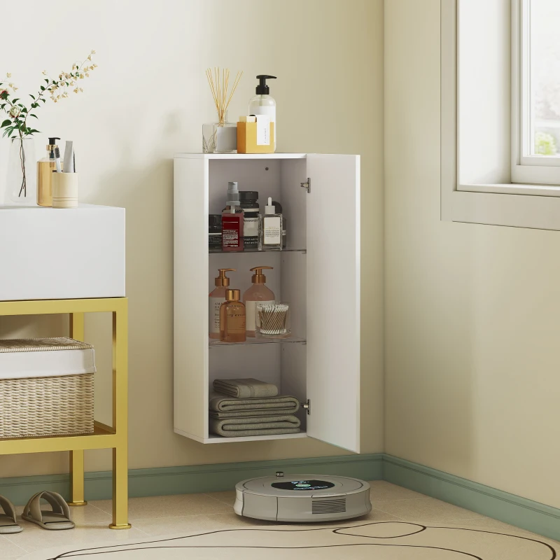 HOMCOM Mobiletto Bagno Pensile con 2 Ripiani in Vetro Regolabili e Anta Senza Maniglia, Bianco Lucido