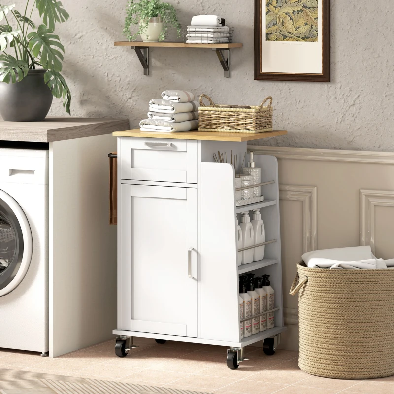 HOMCOM Carrello da Cucina con Cassetto, Armadietto, Portasciugamani e 3 Portaspezie, in Legno, 62x40x87 cm, Bianco