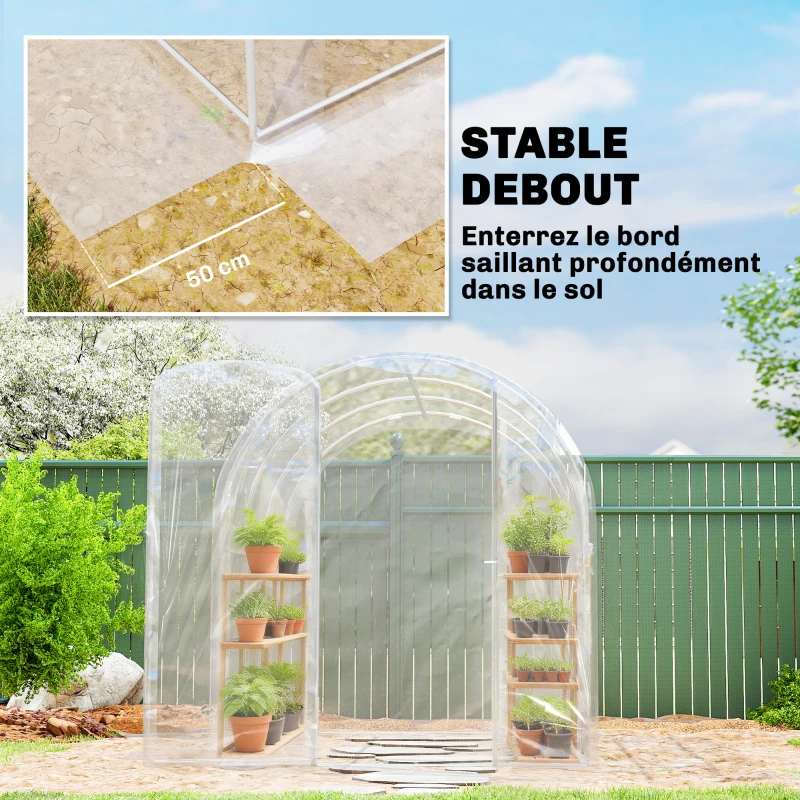 Outsunny Serre de jardin tunnel 3 x 2 x 2 m 6 m² avec porte à charnières bâche en PE 150 g/m² pour Légumes Plantes Fleurs