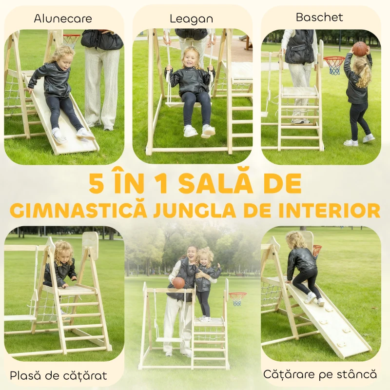 AIYAPLAY Set de Cățărare 5 în 1 cu Tobogan, 2 Pereți de Cățărare, Leagăn și Coș de Baschet, din Lemn, 140x172.5x116.5 cm