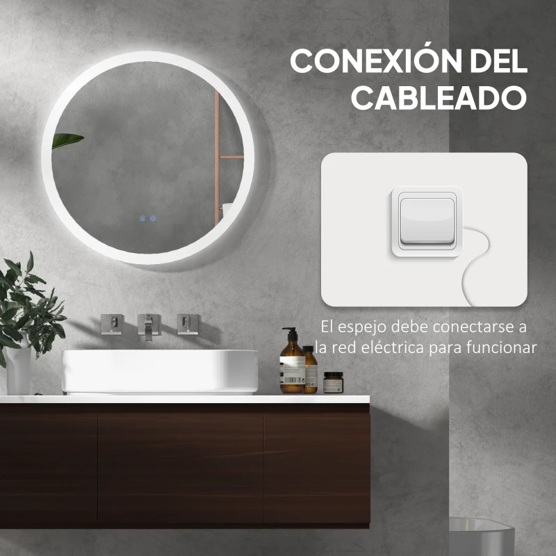 kleankin Espejo de Baño Redondo con Luces LED Ø60x3 cm Espejo Antivaho 3 Luces de Colores Función de Memoria Interruptor Táctil