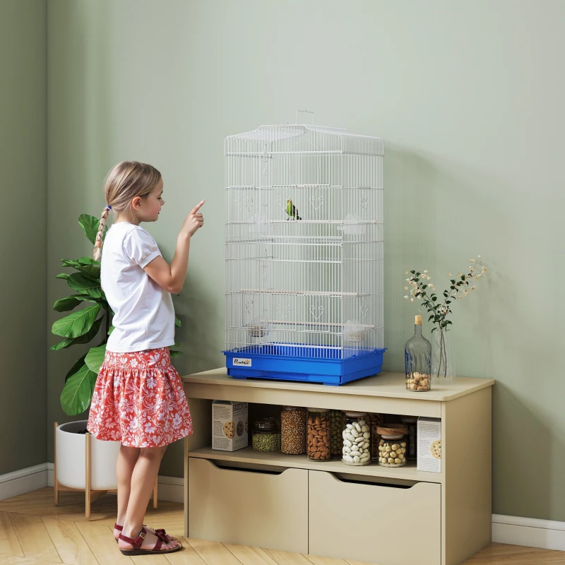 PawHut Cage pour Oiseaux Volière Métallique avec 4 Mangeoires 3 Perchoirs Balançoire et Tiroir Amovible Poignée 46,5x35,5x92 cm Bleu