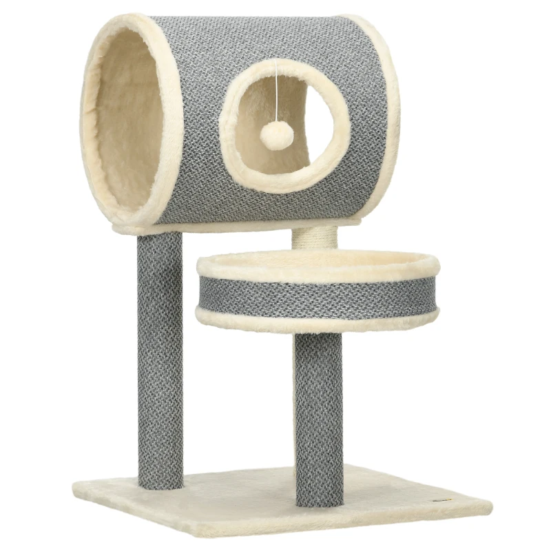 PawHut Arbre à chats avec griffoir arbre à gratter en sisal tunnel panier en peluche doux structure en bois 48L x 48l x 73H cm