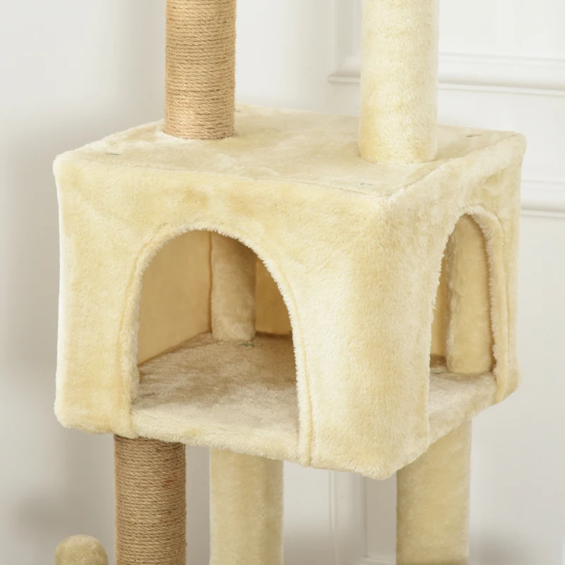 PawHut Albero Tiragraffi per Gatti Alto 136 cm con Cuccia Rimovibile, Casetta e Lettino, Pali in Iuta, Beige