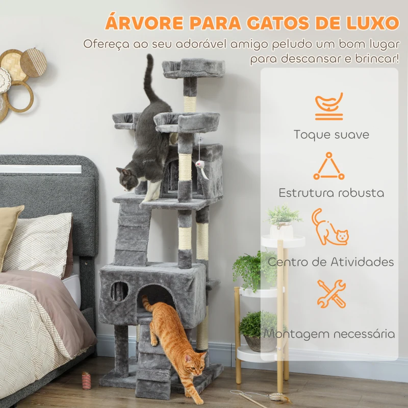 PawHut Arranhador para Gatos Arranhador de Gatos 153 cm com 2 Cavernas 3 Camas 2 Rampas Postes de Sisal e 2 Ratos Pendentes Cinzento