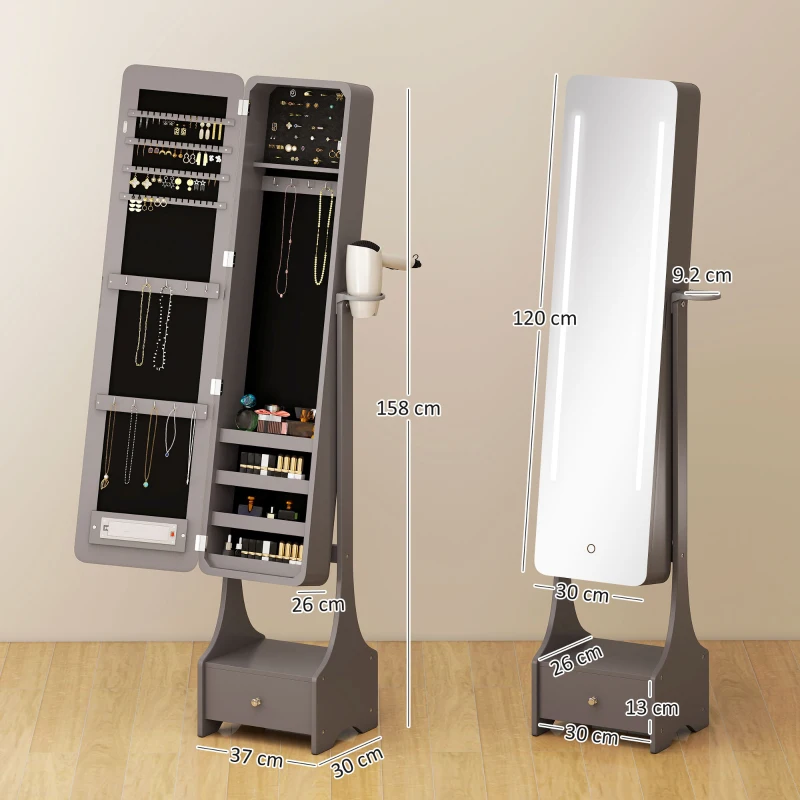 HOMCOM Oglindă-dulap pentru bijuterii cu lumini LED Dulap bijuterii cu oglindă full-length reglabilă pe unghi Sertar Oprire automată a luminilor Gri