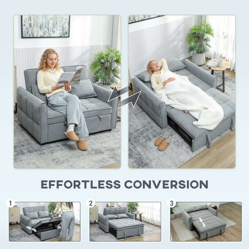 HOMCOM 2 Seater Sofa Bed, 3-in-1 Convertible Sleeper Sofa with Click-clack Adjustable Backrest and 2 Pillows, Grey