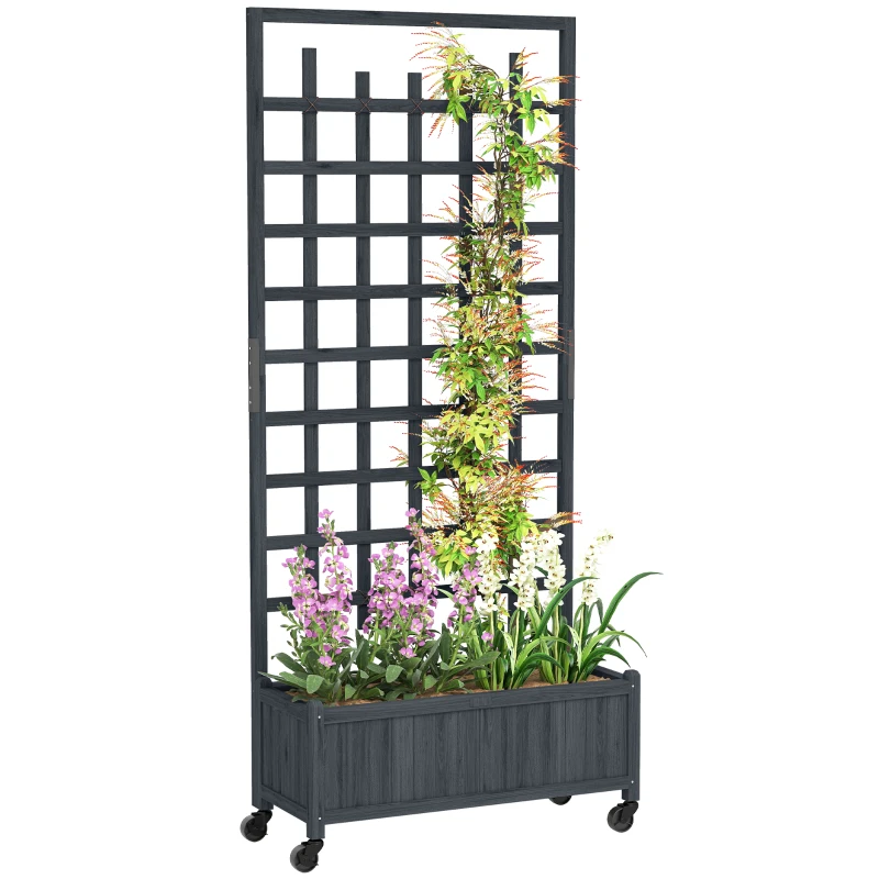 Outsunny Wooden Trellis Planter, Raised Garden Bed with Wheels, to Climb and Grow Vegetables, Herbs and Flowers, Grey