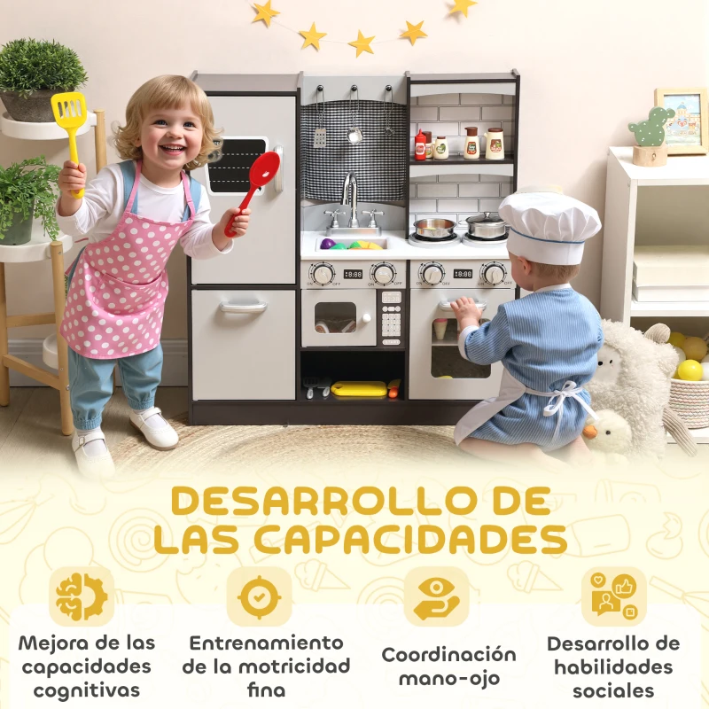 AIYAPLAY Cocina de Juguete de Madera con Sonido Accesorios de Acero Inoxidable para Niños a Partir de 3 Años Marrón Oscuro