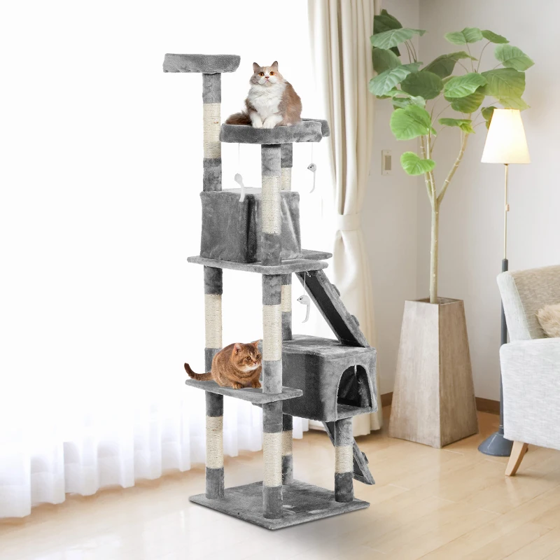 PawHut Arbre à chat griffoir grattoir double niche peluche sisal naturel hauteur 170 cm gris