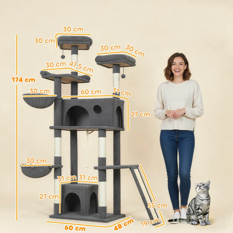 PawHut Arbre à chat tour de jeux pour chat avec griffoir 3 lits 2 niches plateformes et 3 jouets suspendus hauteur 174 cm gris