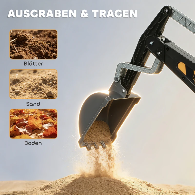 AIYAPLAY Sitzbagger Aufsitzbagger mit Schaufel Lenkrad drehbar Aufbau verstellbar Rückenlehne für Kinder 1,5-3 Jahre Gelb