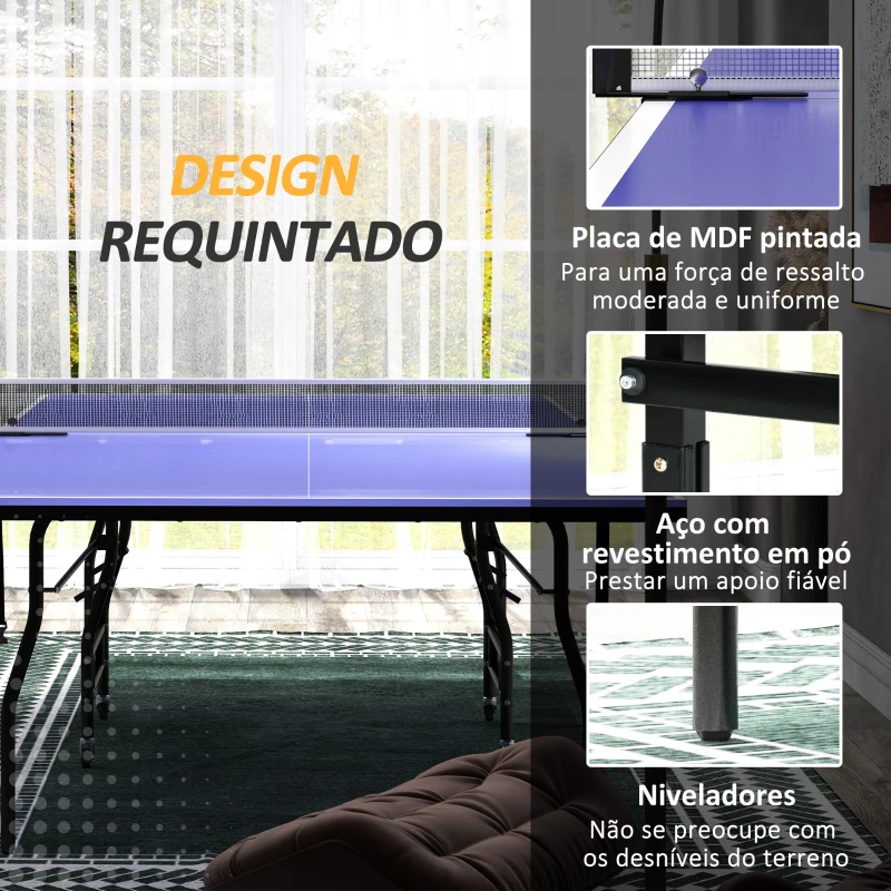 SPORTNOW Mesa de Ping Pong Dobrável Profissional com Rodas Inclui 2 Raquetes e 3 Bolas para Interior 274x152,5x76 cm Azul