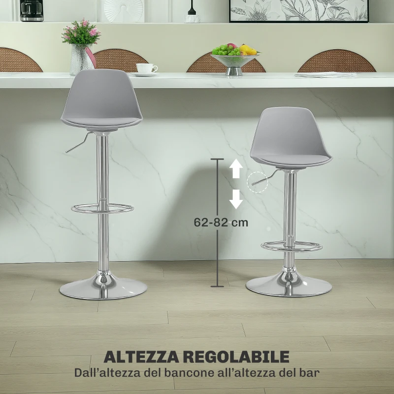 HOMCOM Set 2 Sgabelli Bar con Altezza Regolabile, Sgabelli Cucina Alti in PU con Schienale, Poggiapiedi e Seduta Morbida, Struttura in Acciaio, Sedie Bar Alte Girevoli a 360°, per Penisola, Grigio