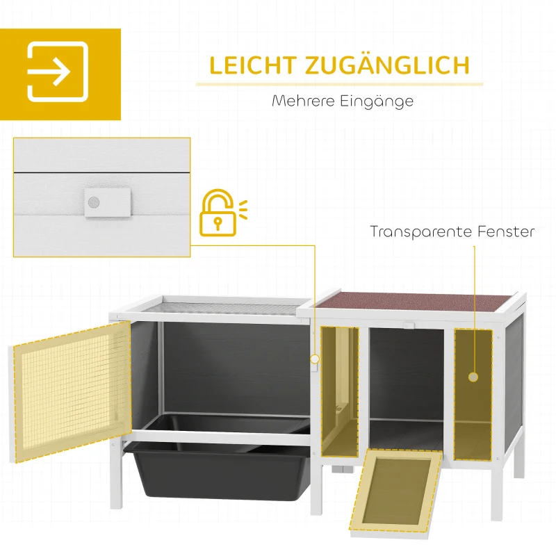 PawHut Hasenstall Kaninchenstall aus Holz mit Freilaufgehege, Rampe, 3 Eingängen, Ausziehschale, 105 x 57,5 x 51,5 cm Grau